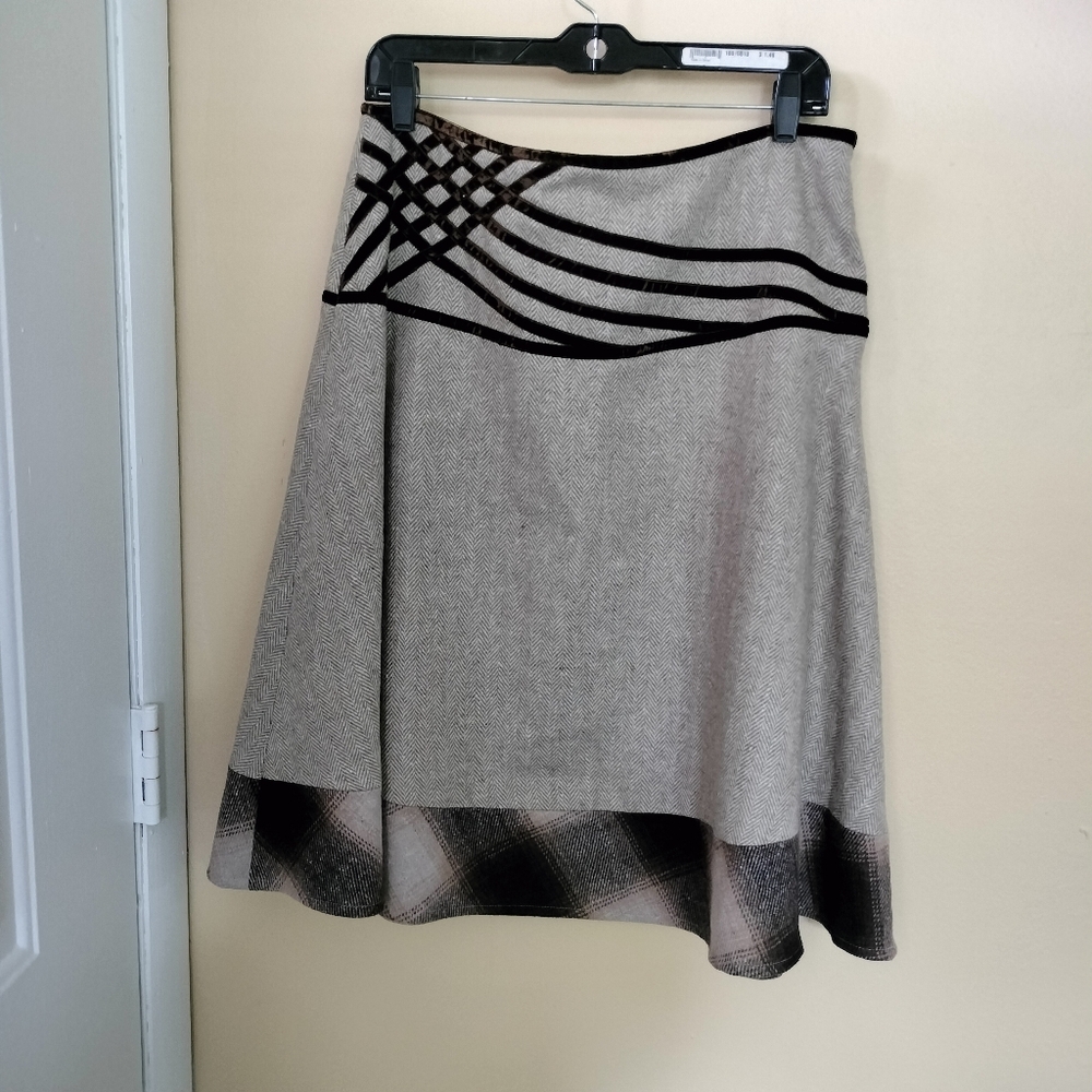Mix Nouveau Brown Lined Herringbone Velvet Wool Blend A-line Skirt Office Preppy